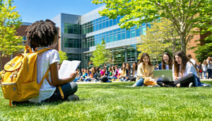 A vibrant university campus scene unfolds under a clear blue sky populated by diverse groups of students engaged in animated discussions In the foreground a young woman with curly hair wearing a bright yellow backpack is intently reading a document w-2